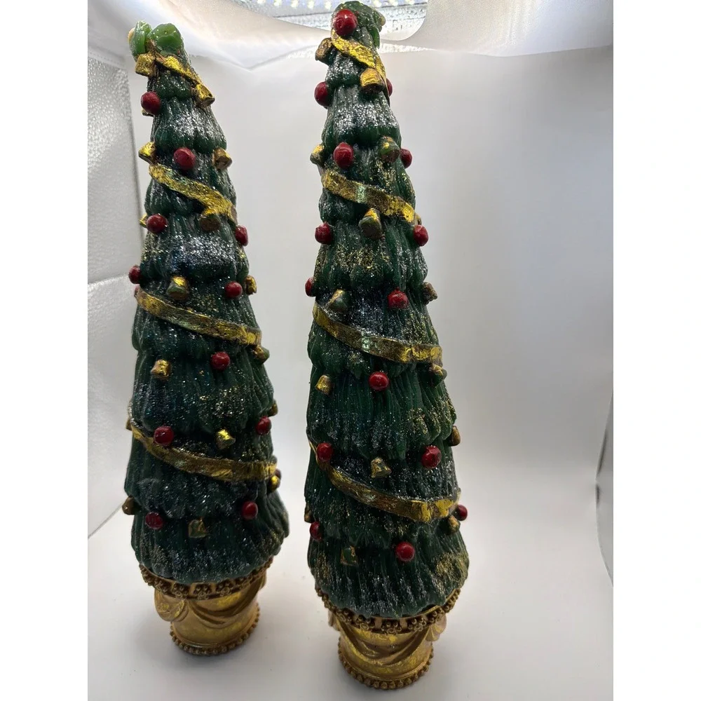 Department 56 Christmas Tree Pillar Candles Gold Base Glitter Set of 2 Green 12